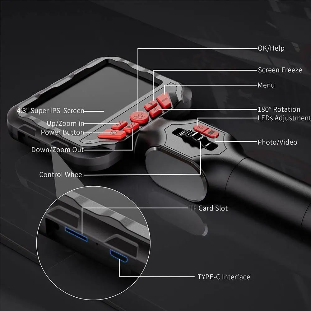 4.3 inch 360 degree rotation handheld endoscope with screen, 6mm, 3.9mm, 6.5mm, single lens and dual lens, IP67