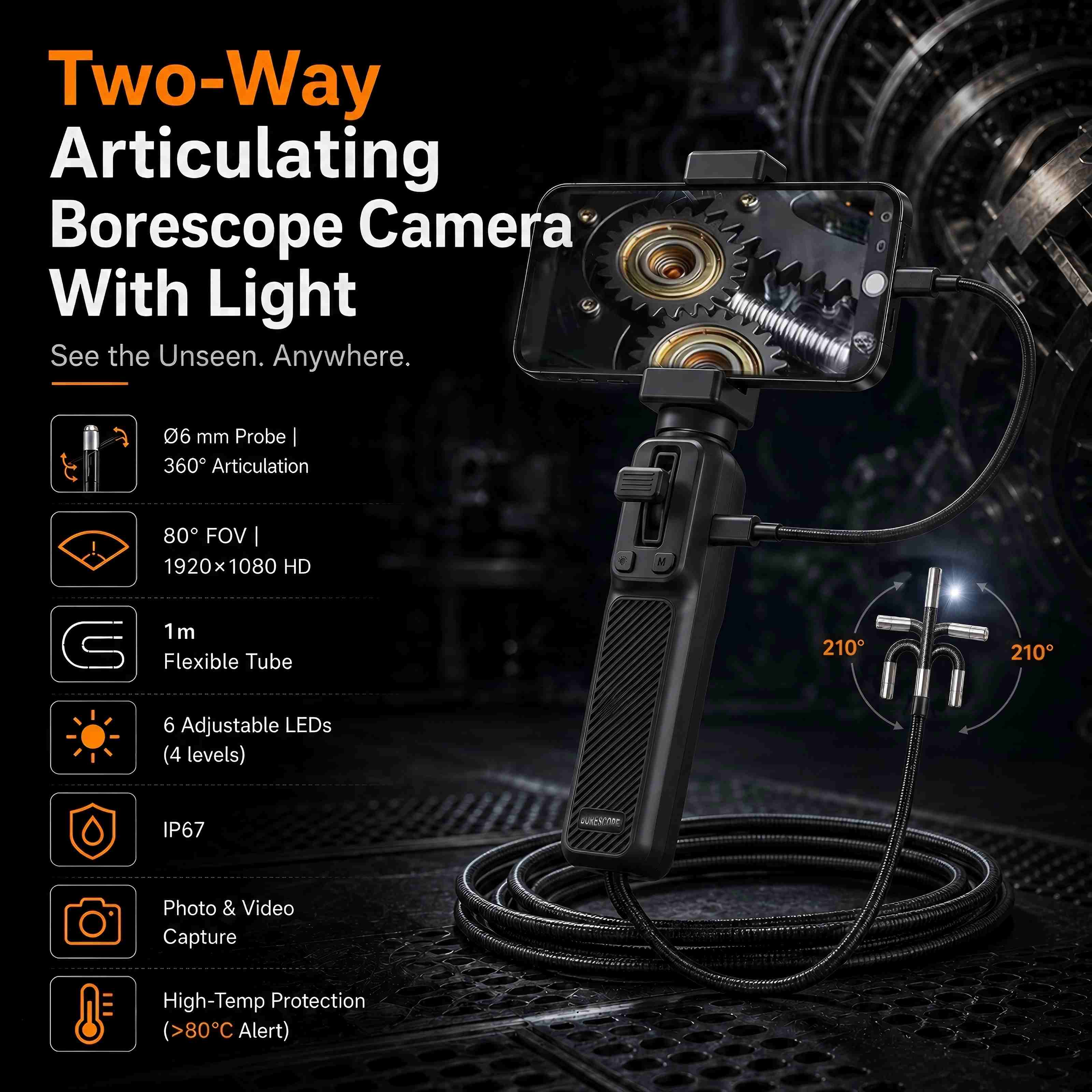 Articulating Borescope with 6mm Semi-Rigid Inspection Camera, 1M Endoscope with Rotatable Display, Adjustable LED Lights, Photo & Video Recording for Engine, Pipeline, and Mechanical Inspection | Lewiirobxx