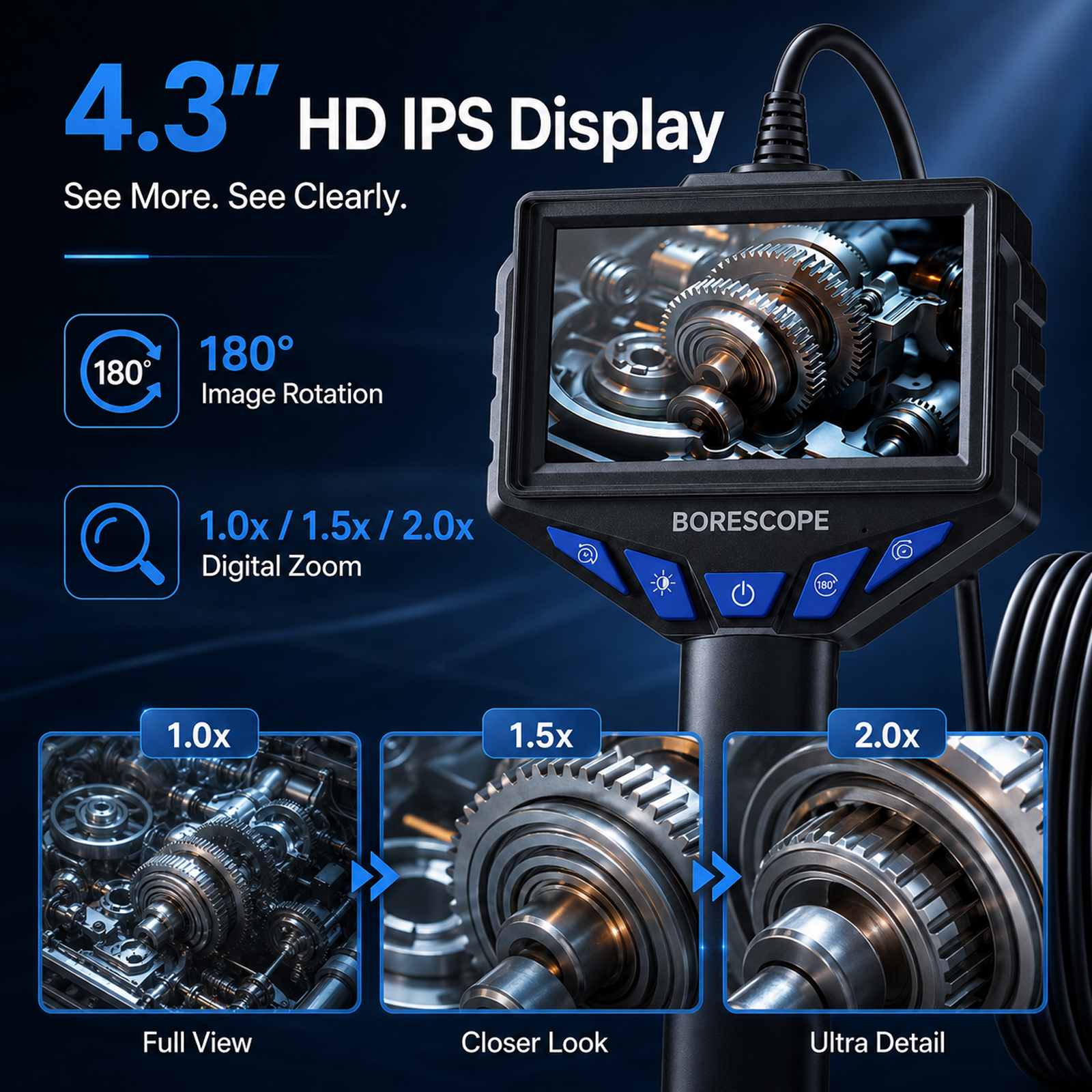 Dual lens 8.5mm Digital Endoscope dual lens with 4.3" IPS Screen, IP67 Semi-Rigid Snake Inspection Camera with 8 LED Lights. Perfect for Automotive Engine and observing Hard to Reach Areas