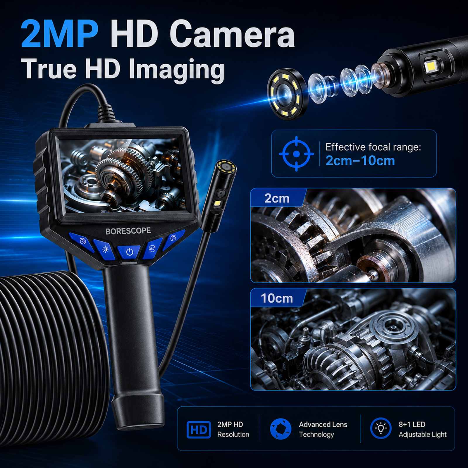 Dual lens 8.5mm Digital Endoscope dual lens with 4.3" IPS Screen, IP67 Semi-Rigid Snake Inspection Camera with 8 LED Lights. Perfect for Automotive Engine and observing Hard to Reach Areas