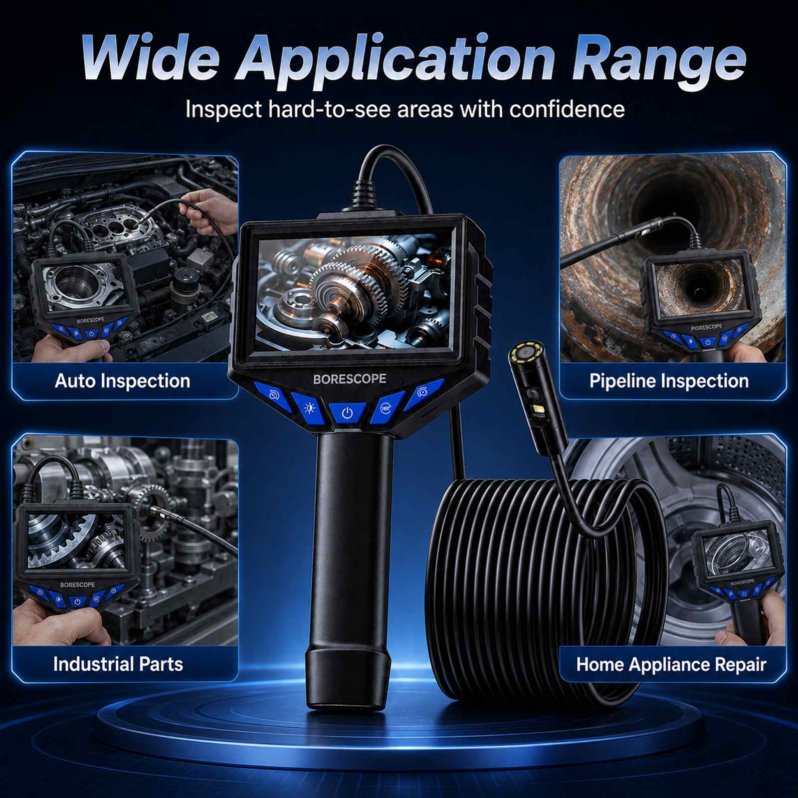 Dual lens 8.5mm Digital Endoscope dual lens with 4.3" IPS Screen, IP67 Semi-Rigid Snake Inspection Camera with 8 LED Lights. Perfect for Automotive Engine and observing Hard to Reach Areas