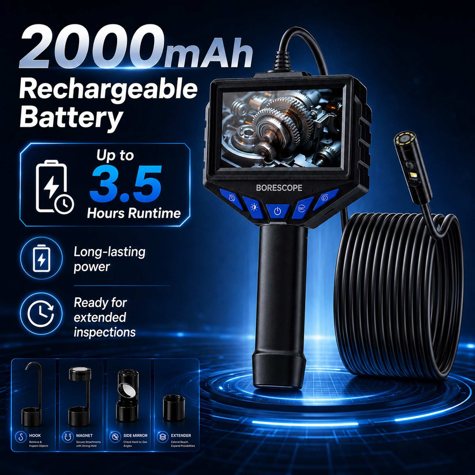 Dual lens 8.5mm Digital Endoscope dual lens with 4.3" IPS Screen, IP67 Semi-Rigid Snake Inspection Camera with 8 LED Lights. Perfect for Automotive Engine and observing Hard to Reach Areas