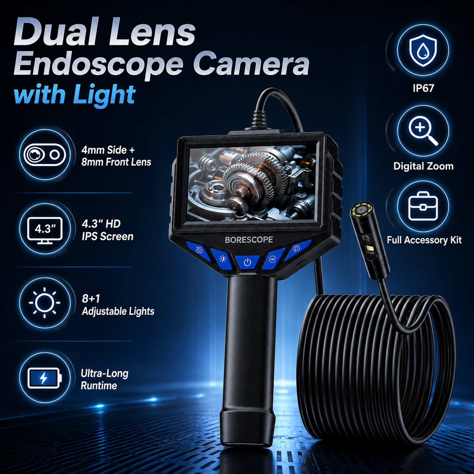 Dual lens 8.5mm Digital Endoscope dual lens with 4.3" IPS Screen, IP67 Semi-Rigid Snake Inspection Camera with 8 LED Lights. Perfect for Automotive Engine and observing Hard to Reach Areas