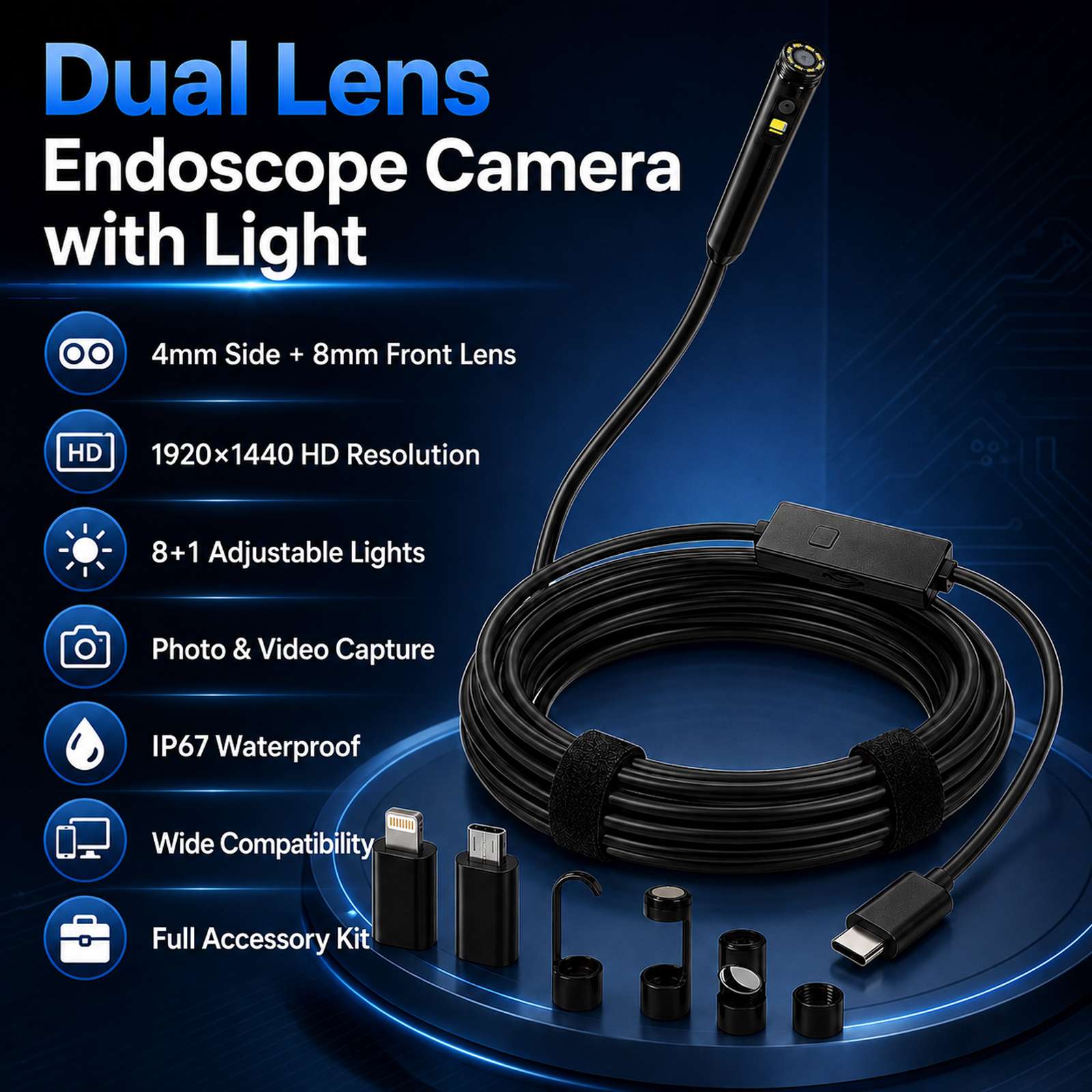 Dual Lens Endoscope Camera with Light 1920P HD Borescope Inspection Camera for Android & iPhone, Semi-Rigid Snake Cable with 8 LEDs, Waterproof for Sewer Pipe Automotive Inspection