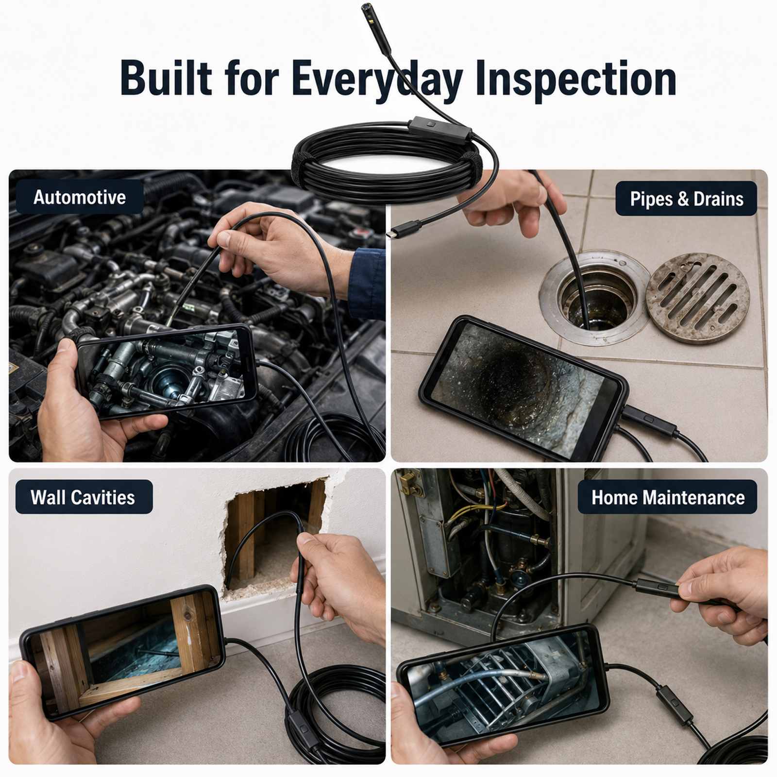 Dual Lens Endoscope Camera with Light 1920P HD Borescope Inspection Camera for Android & iPhone, Semi-Rigid Snake Cable with 8 LEDs, Waterproof for Sewer Pipe Automotive Inspection