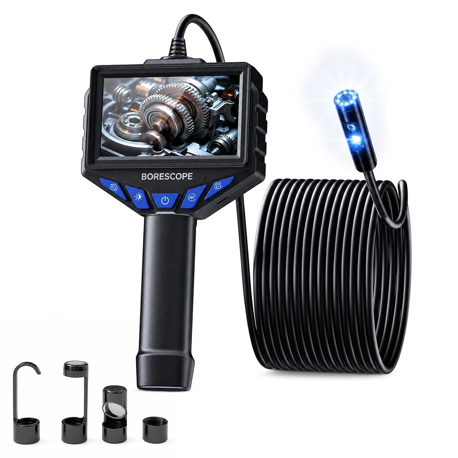 Dual lens 8.5mm Digital Endoscope dual lens with 4.3" IPS Screen, IP67 Semi-Rigid Snake Inspection Camera with 8 LED Lights. Perfect for Automotive Engine and observing Hard to Reach Areas