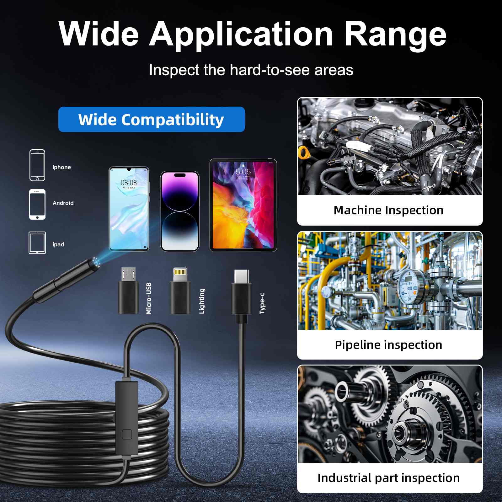 Endoscope Camera with Light 8mm 1920P HD Borescope Inspection Camera for Android & iPhone, Semi-Rigid Snake Cable with 8 LEDs, Waterproof for Sewer Pipe Automotive Inspection