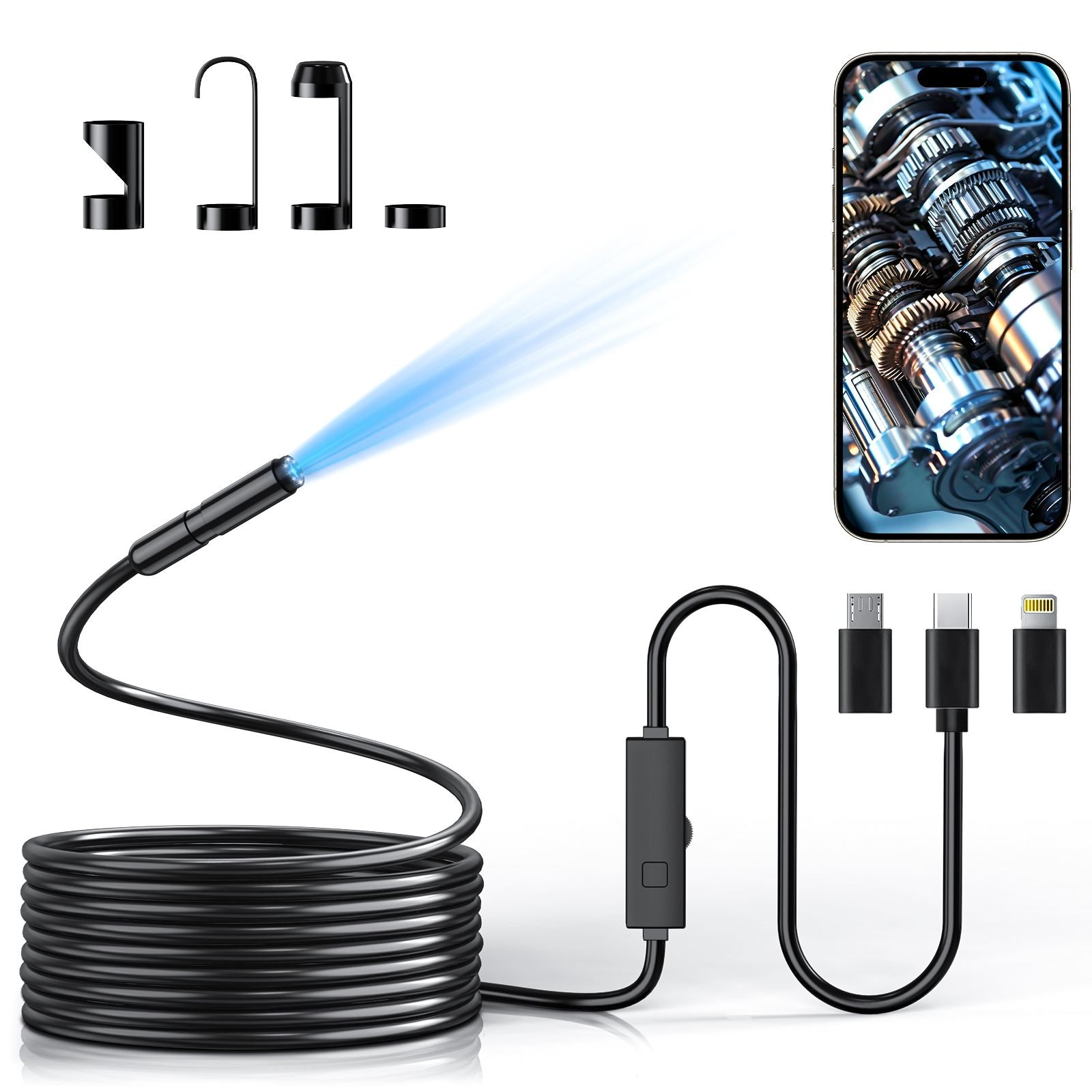 Dual Lens Endoscope Camera with Light 1920P HD Borescope Inspection Camera for Android & iPhone, Semi-Rigid Snake Cable with 8 LEDs, Waterproof for Sewer Pipe Automotive Inspection