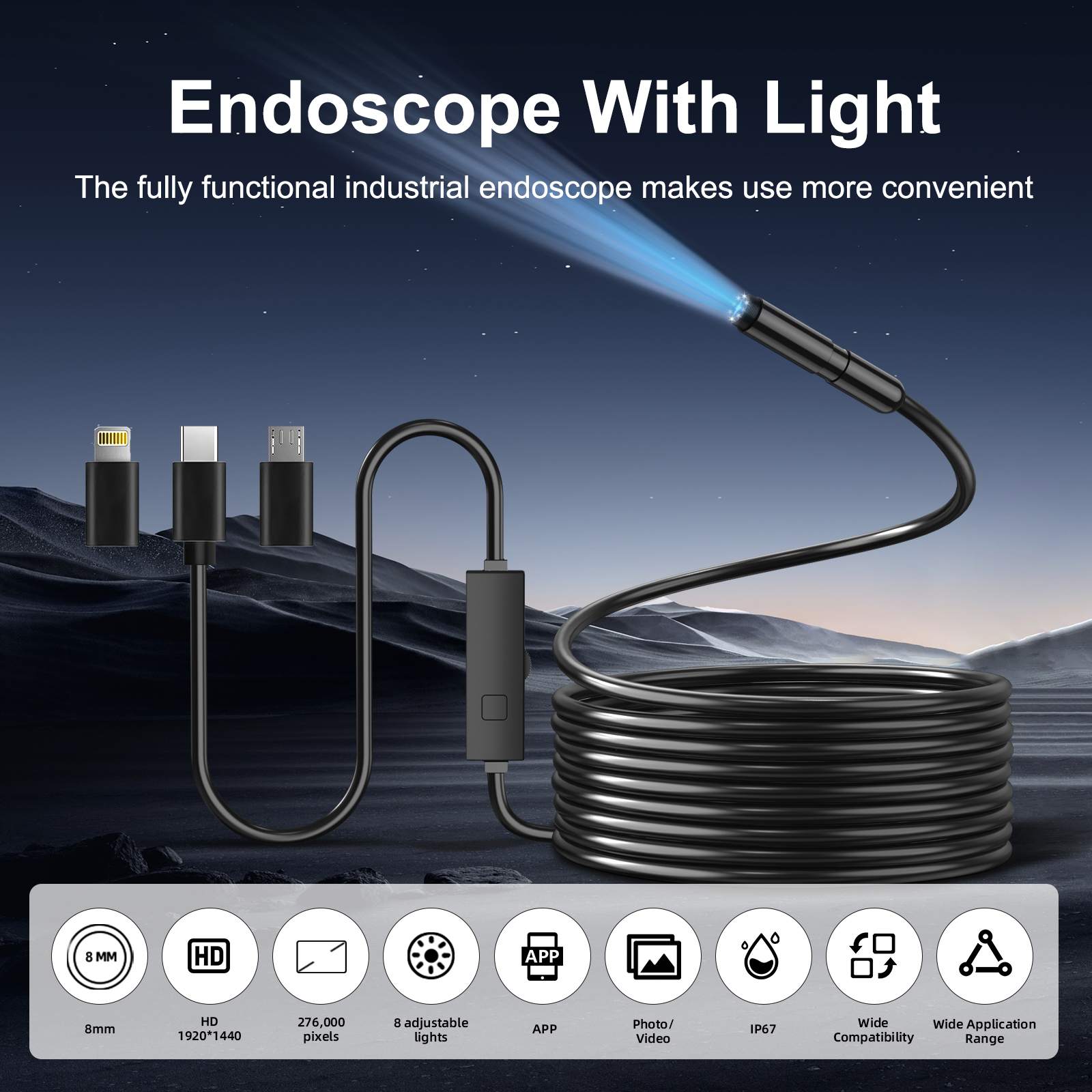 Endoscope Camera with Light 8mm 1920P HD Borescope Inspection Camera for Android & iPhone, Semi-Rigid Snake Cable with 8 LEDs, Waterproof for Sewer Pipe Automotive Inspection