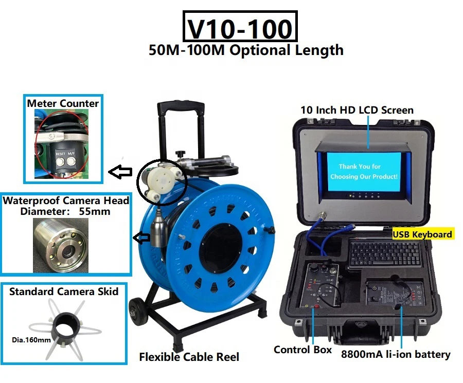 IP68防水300毫米至1500毫米管道爬行器污水管道检测机器人下水道排水工业管道内窥镜闭路电视摄像机