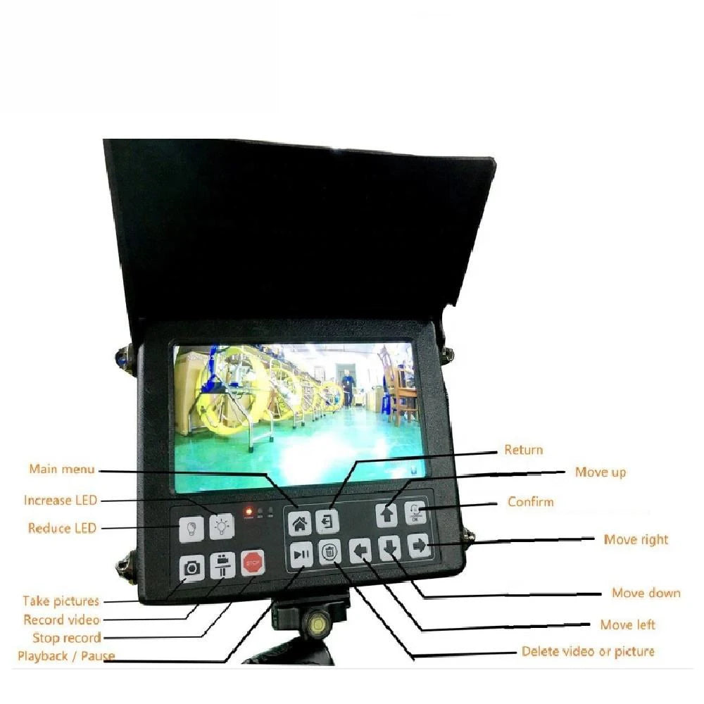50mm Pan Tilt Pipe Inspection Camera for Underwater Wells 8 Inch AHD Monitor with Screen 20m to 60m with Meter Counter