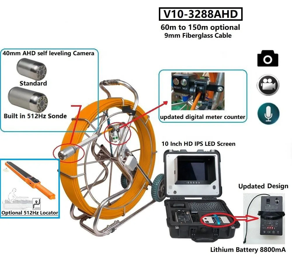 50m Waterproof Portable Drain Camera Sewer Inspection 40mm Sewer Pipe Inspection Camera 10inch Screen Pipeline Inspection Camera