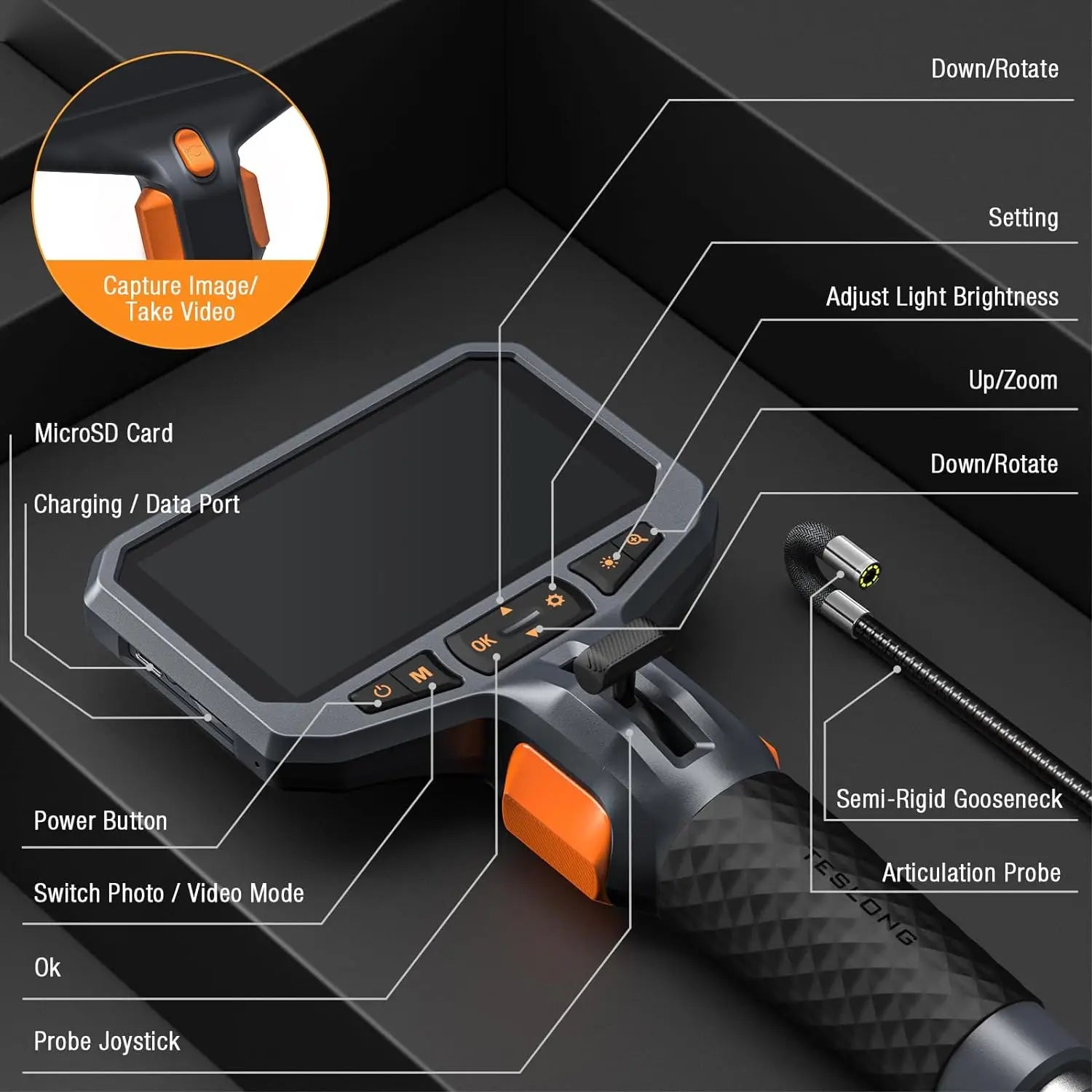 8.5mm Two-Way Articulating Borescope with Light Dual Lens Industrial Endoscope Inspection Camera with Articulated Probe TD450S